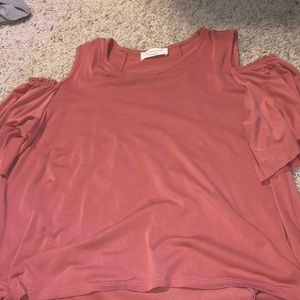 cut off shoulder pink dress shirt